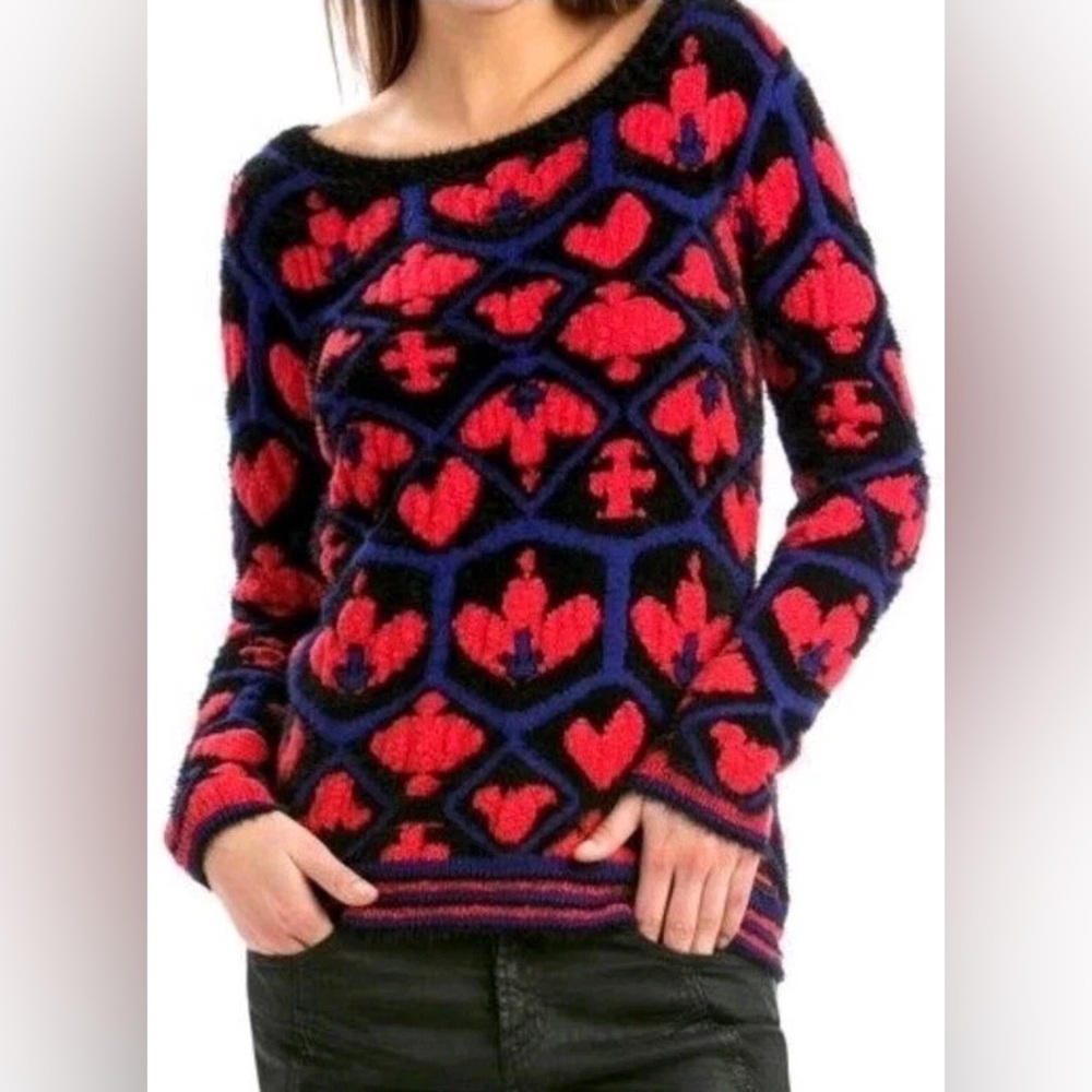 Desigual Red & Blue Heart-Pattern Fuzzy Crewneck Sweater Size Medium